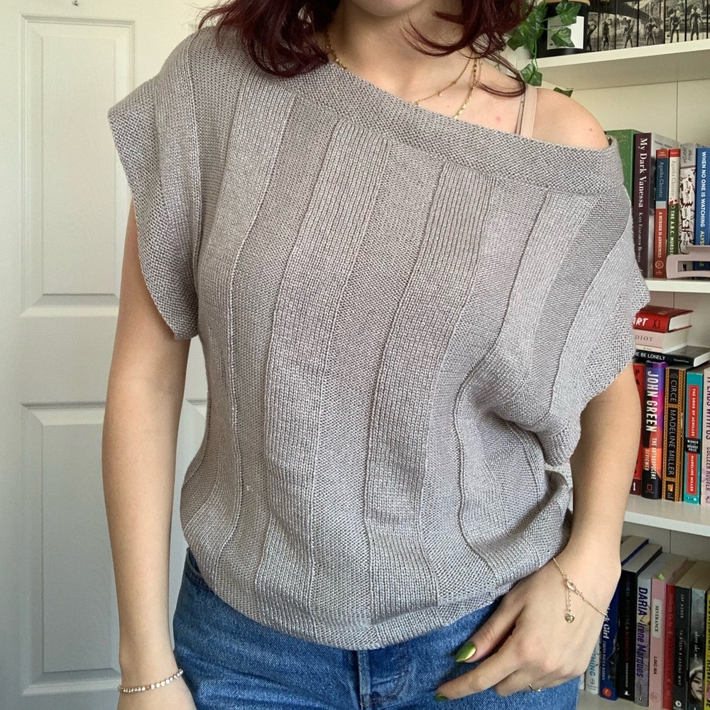 RW&CO Metallic Grey Knit Boatneck Top